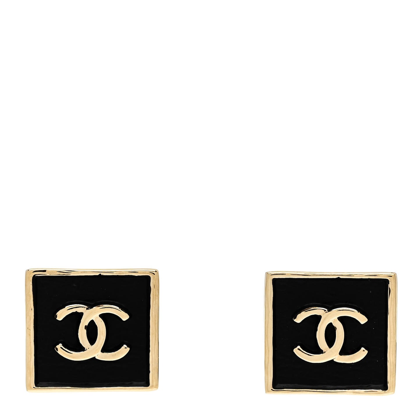 Metal Enamel CC Square Earrings Gold Black