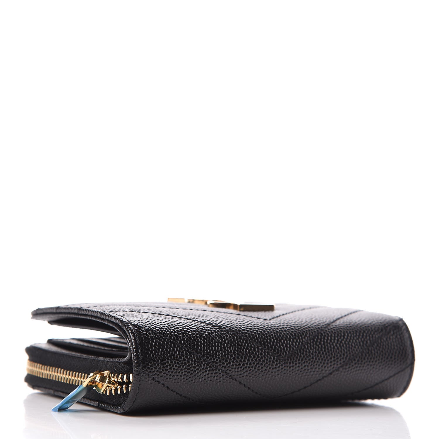 Saint Laurent Grain De Poudre Matelasse Chevron Monogram Compact Zip Around Wallet Black 4 of 8