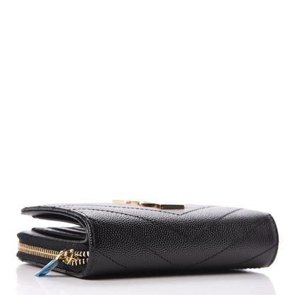 Saint Laurent Grain De Poudre Matelasse Chevron Monogram Compact Zip Around Wallet Black 4 of 8