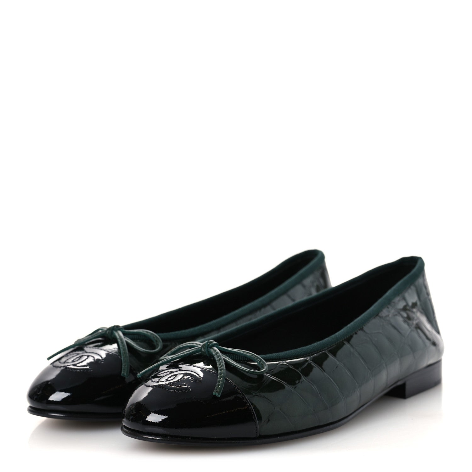 Chanel Crocodile Embossed Patent Calfskin Cap Toe CC Ballerina Flats 37.5 Dark Green Black 4 of 11