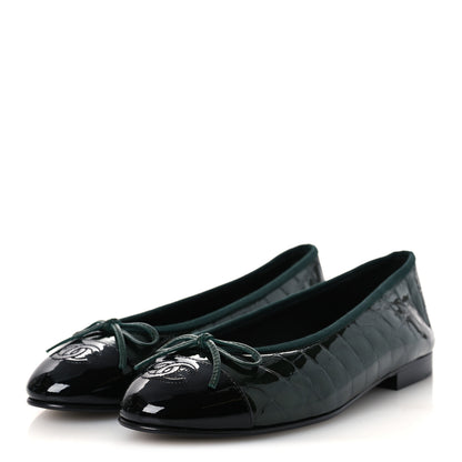 Chanel Crocodile Embossed Patent Calfskin Cap Toe CC Ballerina Flats 37.5 Dark Green Black 4 of 11