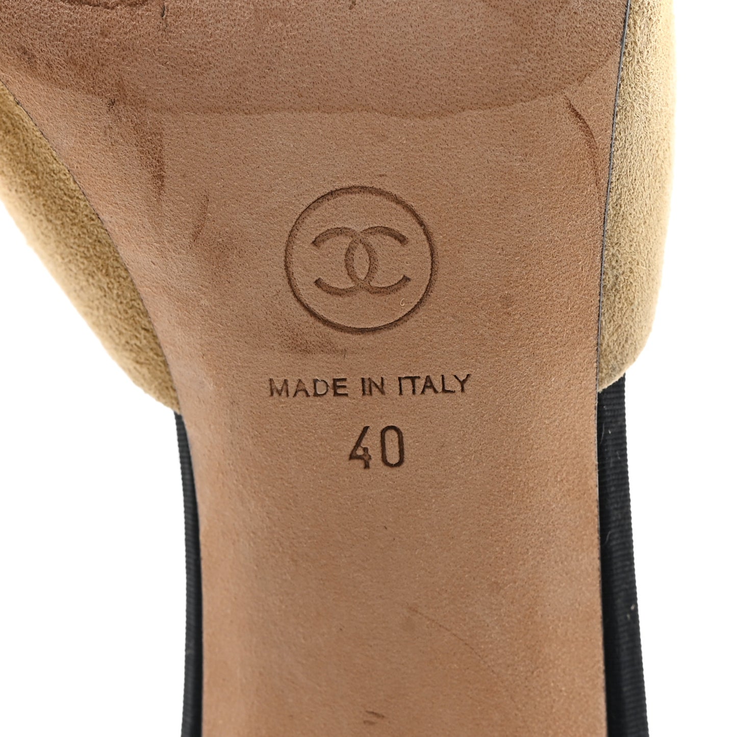 Suede Grosgrain Cap Toe CC Mules 40 Beige Black