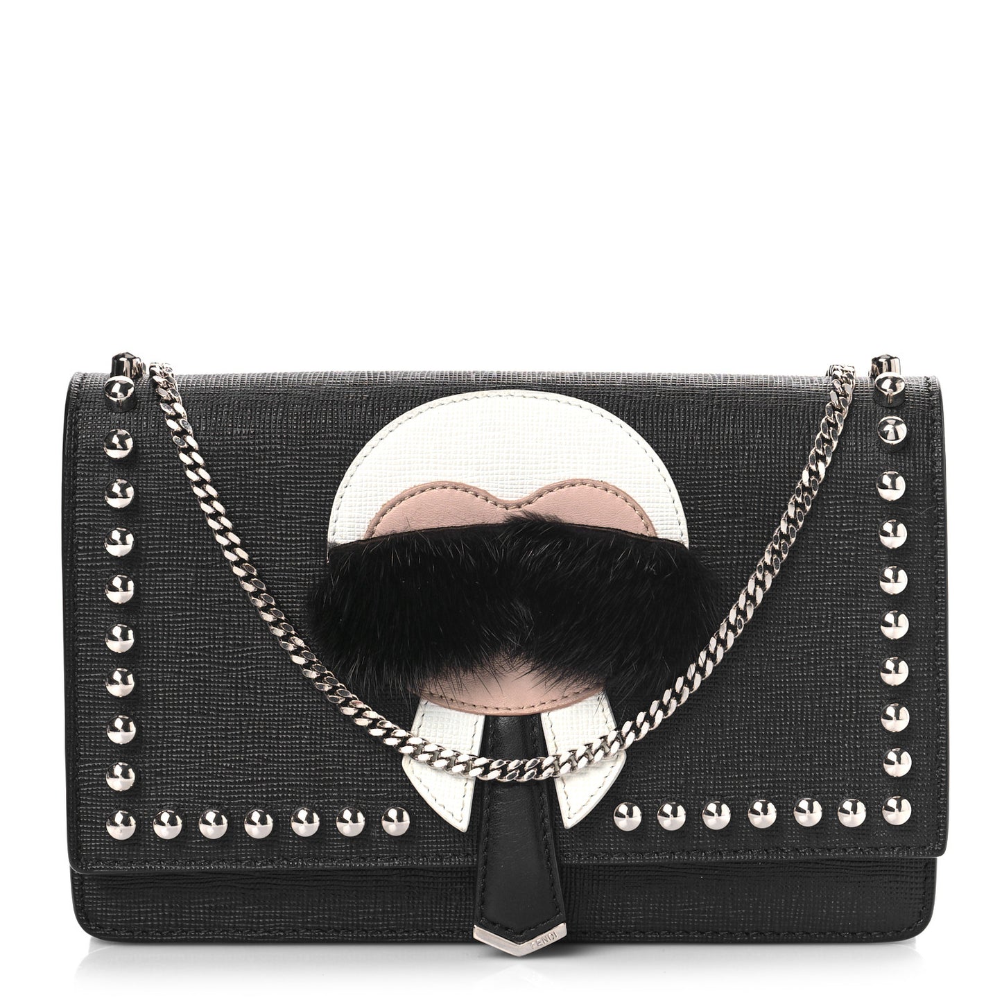Vitello Elite Mink Fur Studded Karlito Tube Wallet on Chain Black