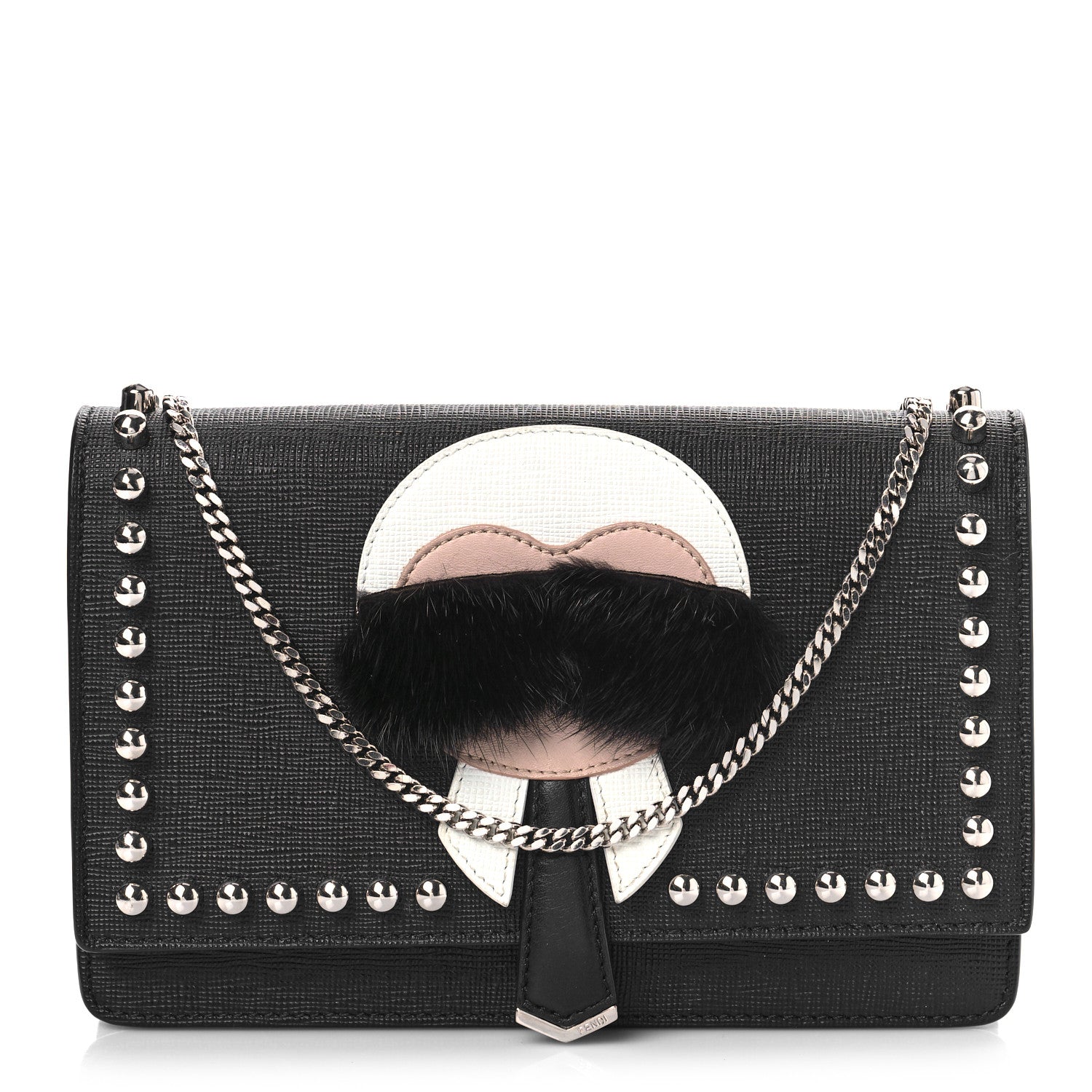 Fendi Vitello Elite Mink Fur Studded Karlito Tube Wallet on Chain Black 1 of 7