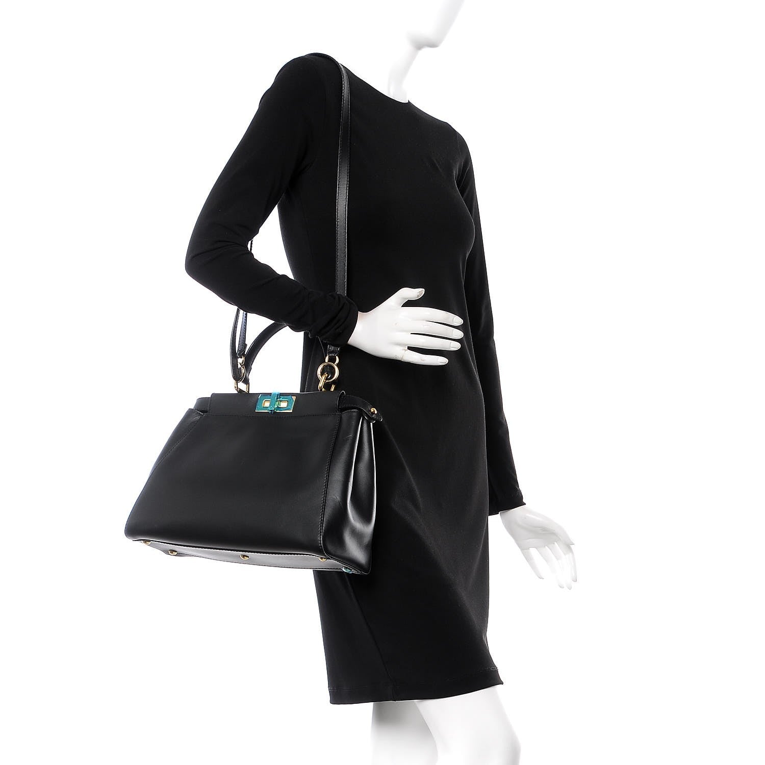 Fendi Vitello Morgan Shiny Nappa Medium Peekaboo Iconic Satchel Black Rosa Plaster 3 of 9