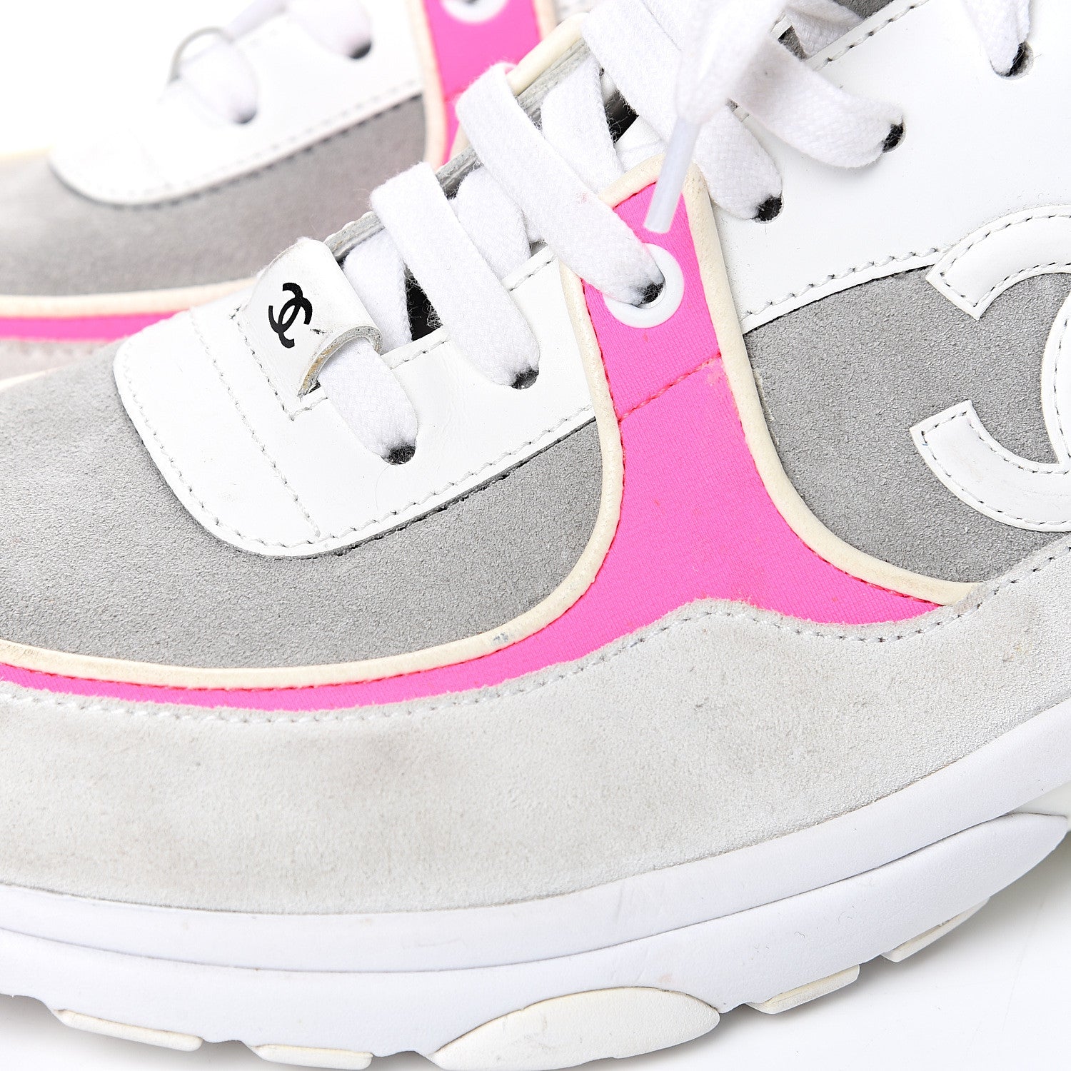 Chanel Suede Calfskin Lambskin Neoprene High Top CC Sneakers 39 White Grey Fluo Pink 8 of 11
