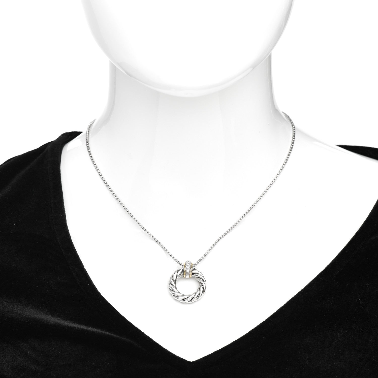 David Yurman Sterling Silver 18K Yellow Gold Diamond Small Cable Classics Pendant Necklace 2 of 4