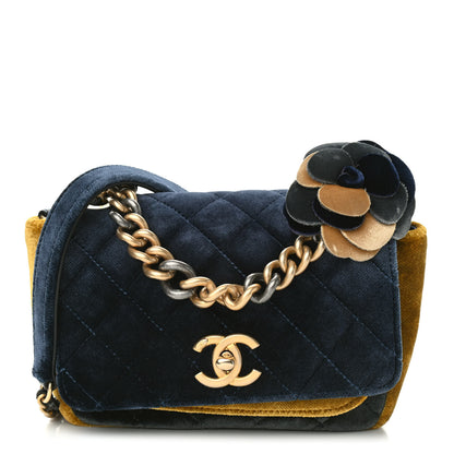 Chanel Velvet Quilted Small Camellia Flap Navy Yellow Charcoal 1 of 9