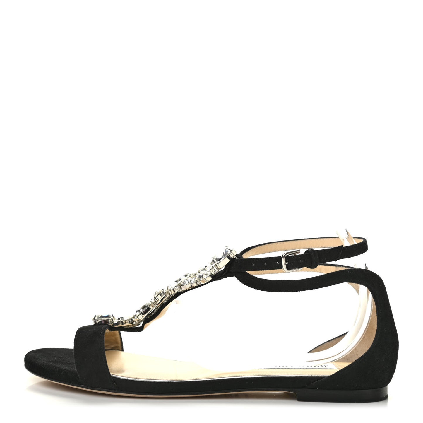 Suede Crystal Averie T-Strap Flat Sandals 38 Black