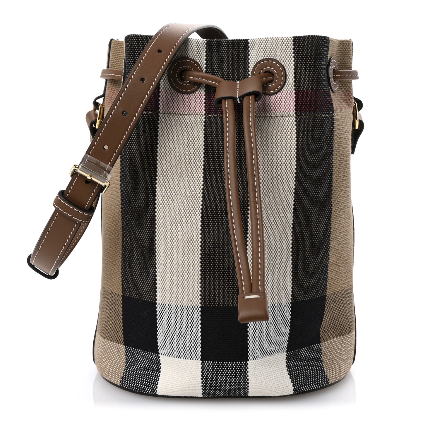 Giant Check Canvas Small Bucket Bag Taupe Brown