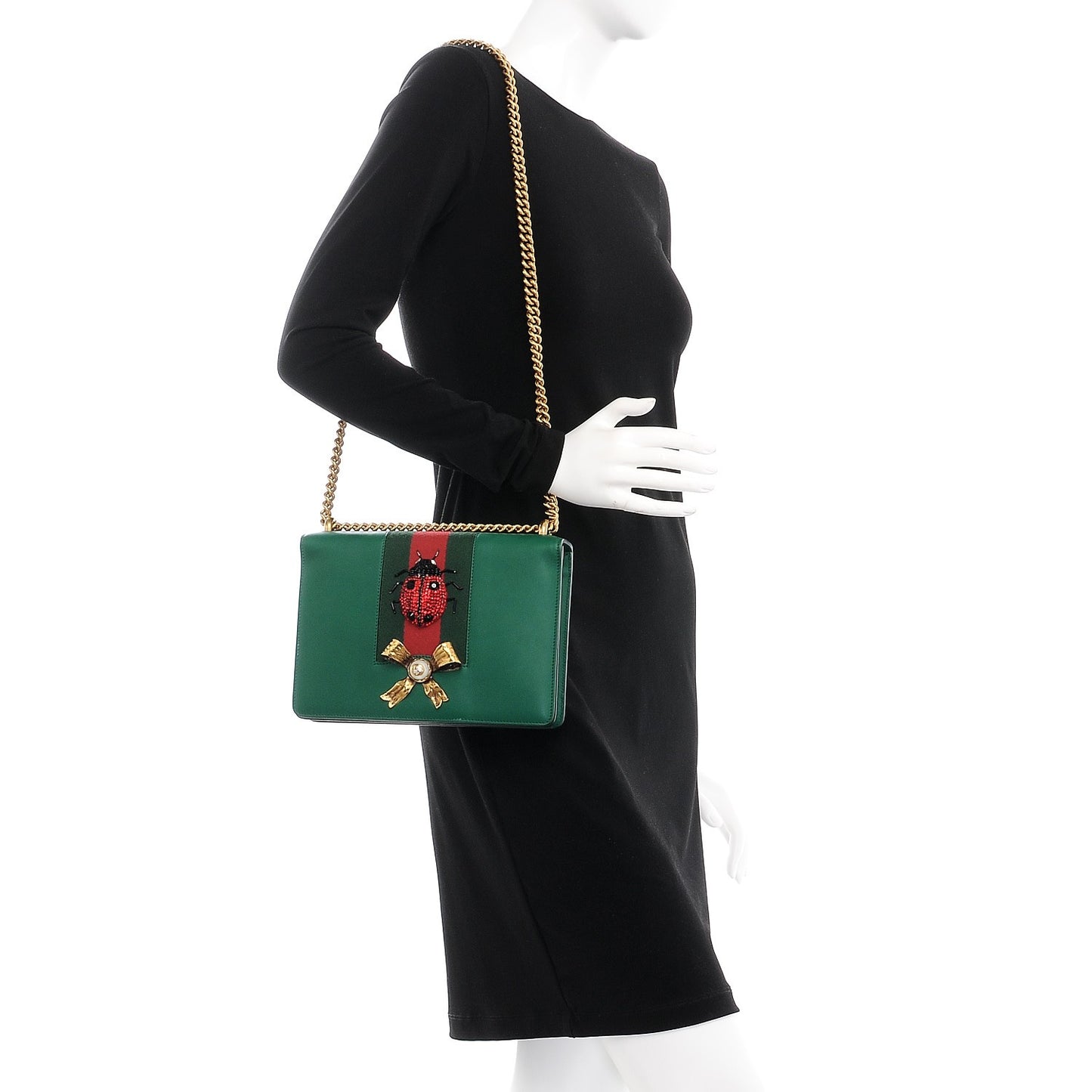 Calfskin Peony Medium Chain Shoulder Bag Bottle Green