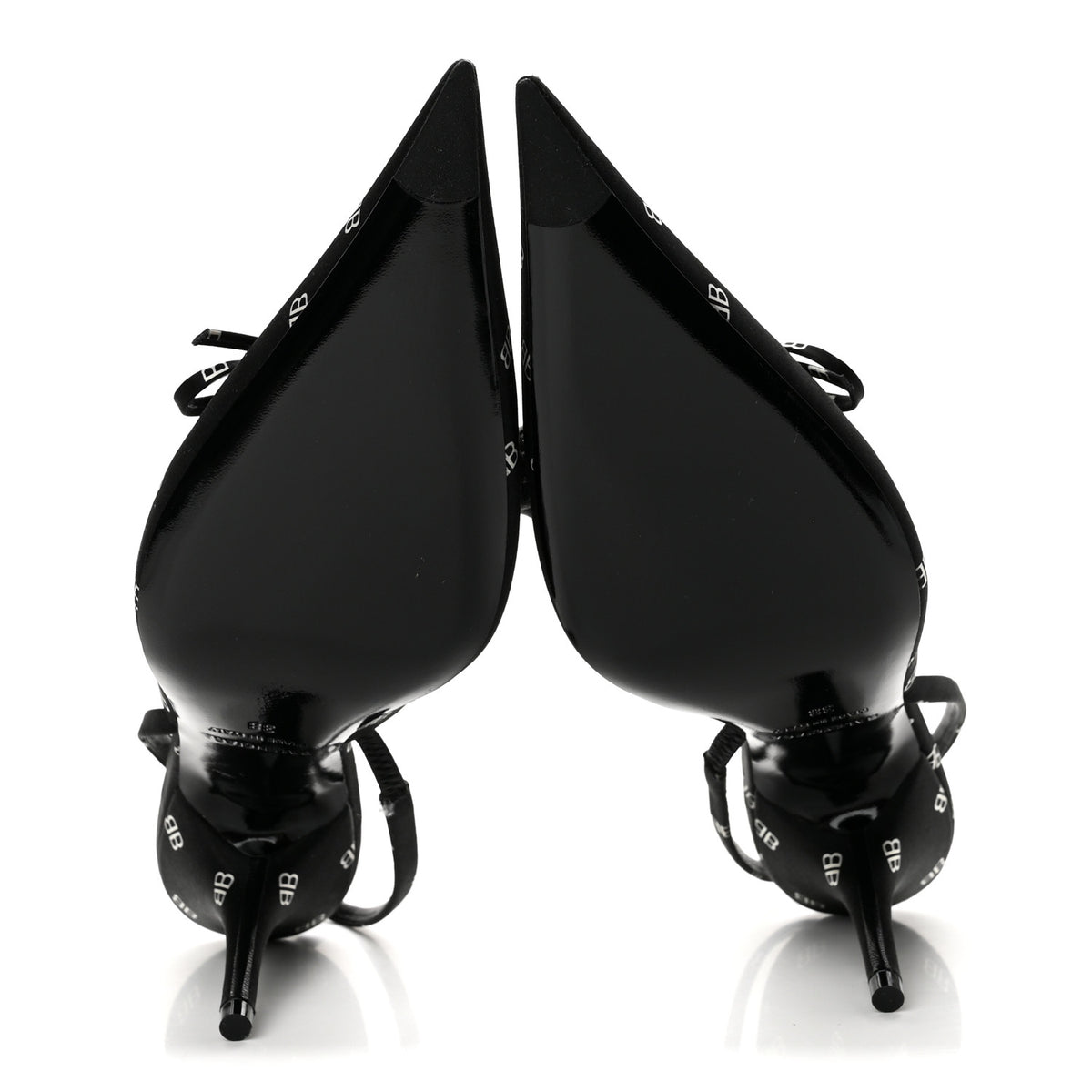 Balenciaga Satin BB Logo Pointed Toe Knife Slingback Mules 38 Black White 6 of 11
