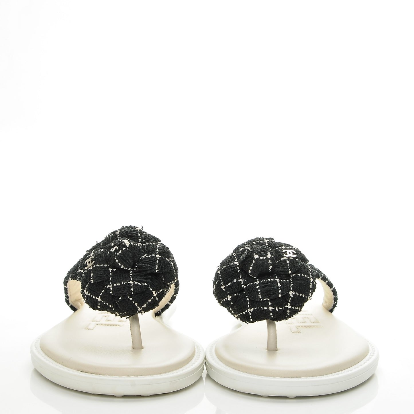 Tweed Quilted Camellia Thong Sandals 39.5 Black White