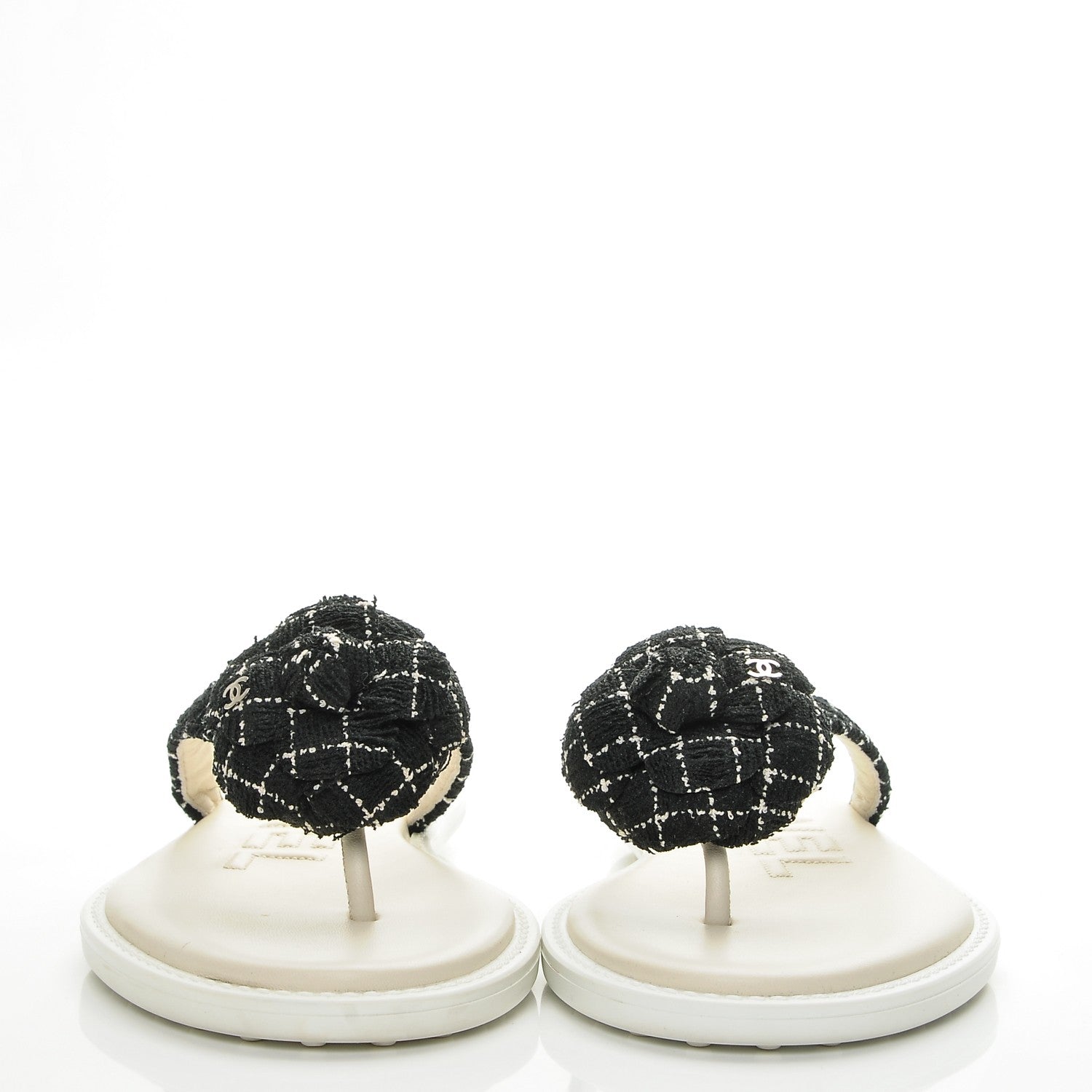 Chanel Tweed Quilted Camellia Thong Sandals 39.5 Black White 2 of 9