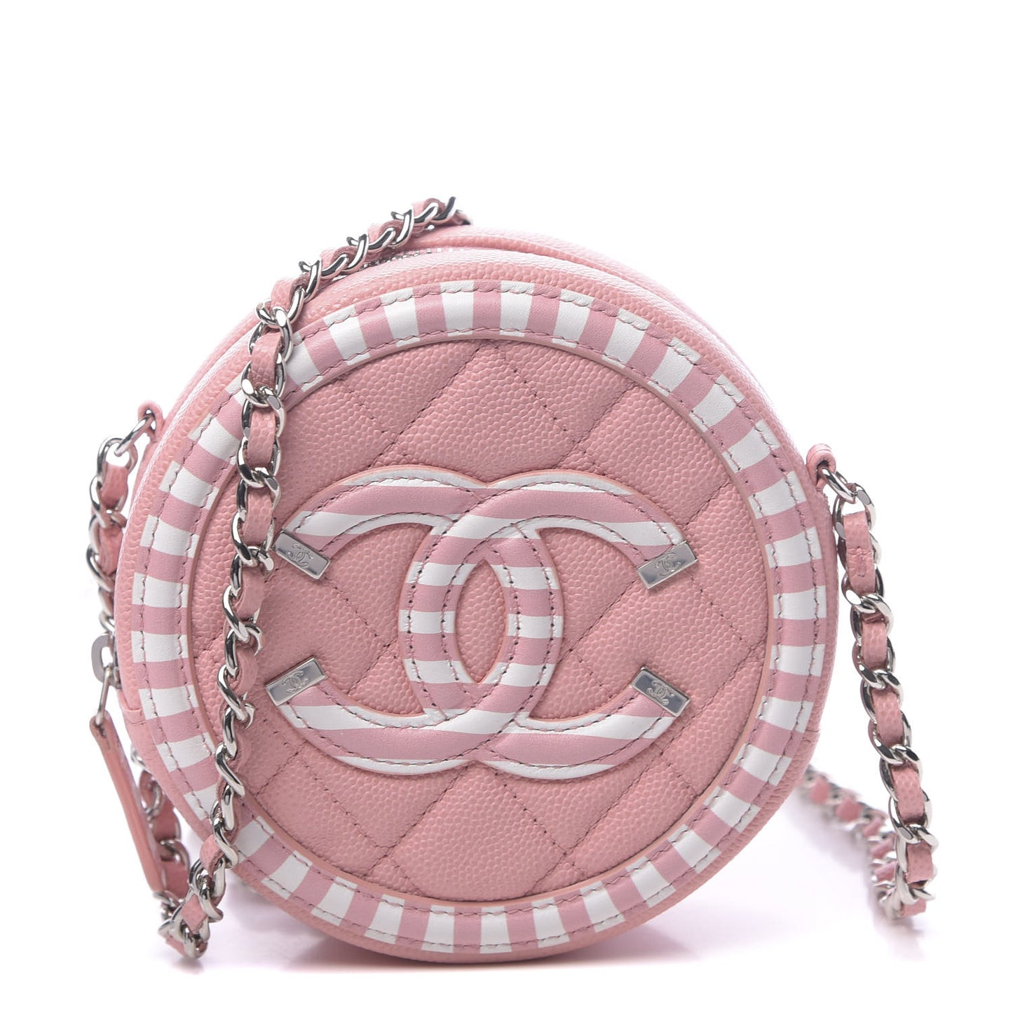 Caviar Quilted Filigree Round Clutch With Chain Pink White