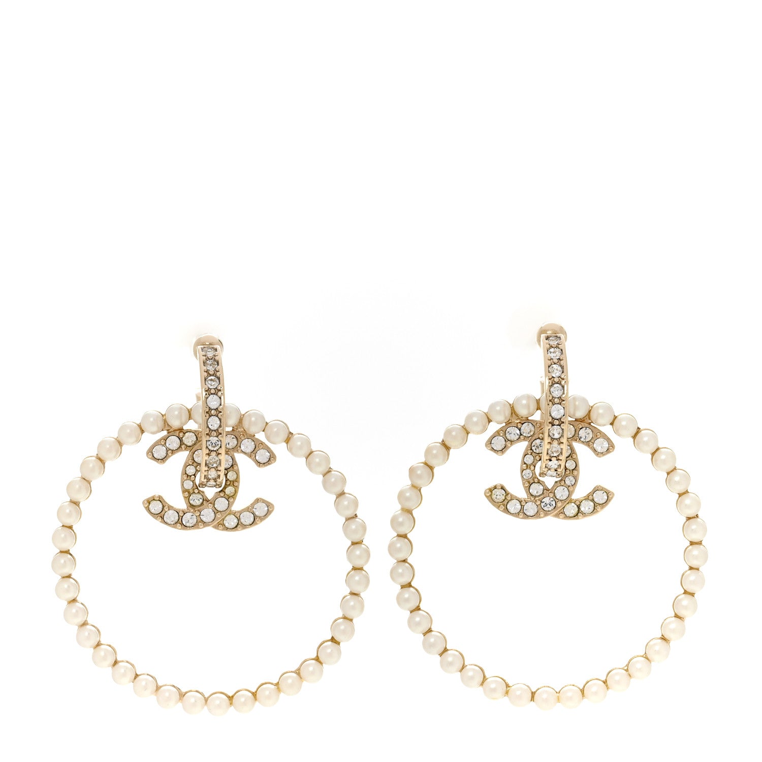 Chanel Crystal Pearl CC Door Knocker Hoop Earrings Gold Pearly White 1 of 5
