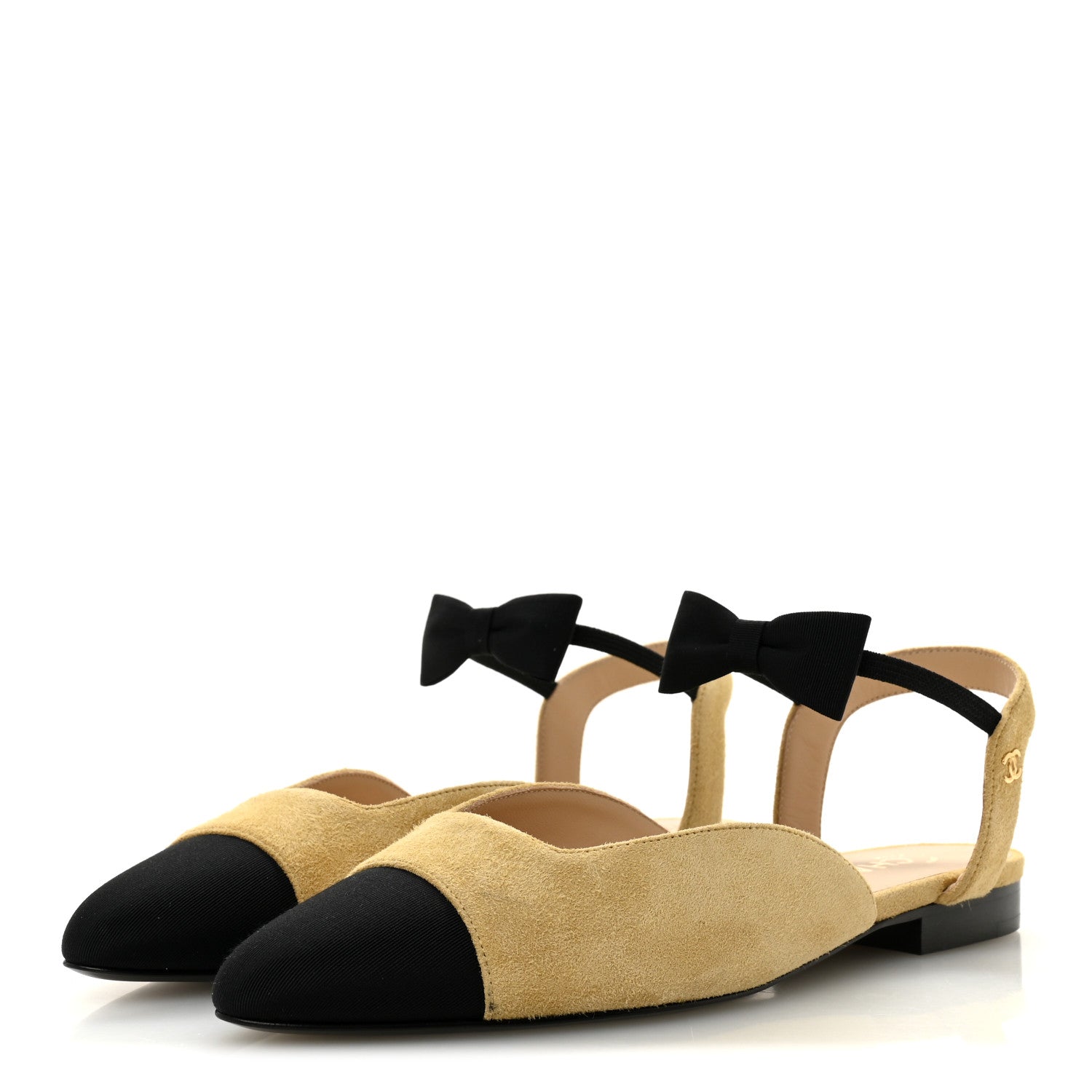 Chanel Suede Grosgrain Bow Cap Toe CC Slingback Flats 38 Beige Black 4 of 10