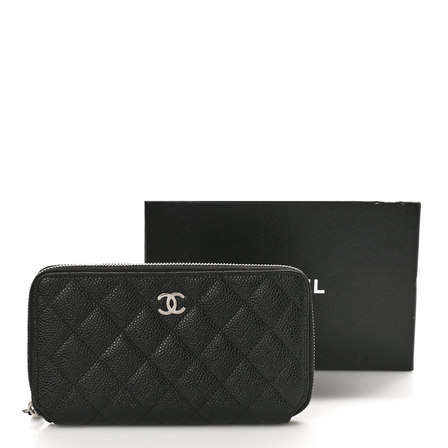 Iridescent Caviar Quilted Long Zip Around Wallet Black