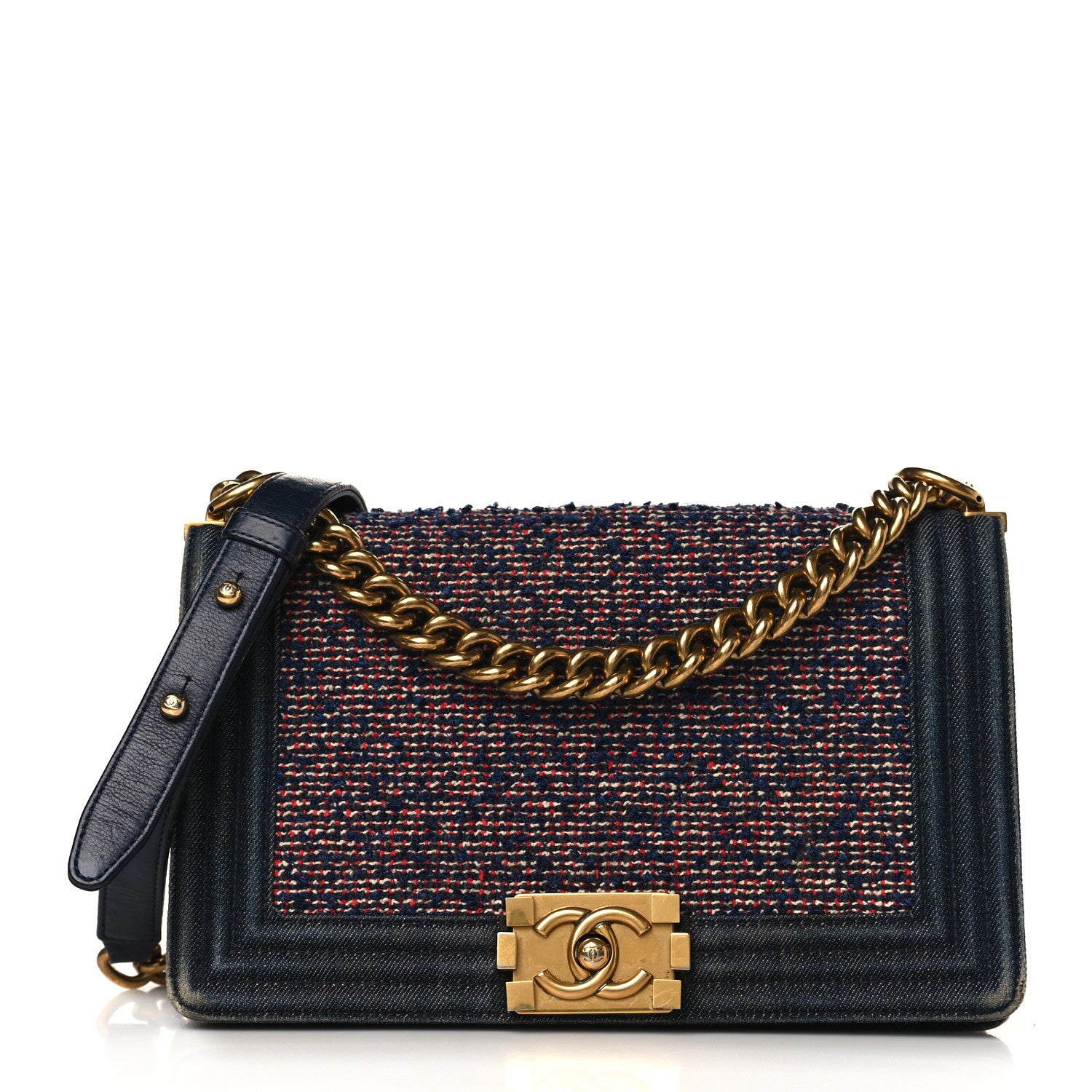 Chanel Tweed Denim Medium Boy Flap Navy Blue 1 of 11