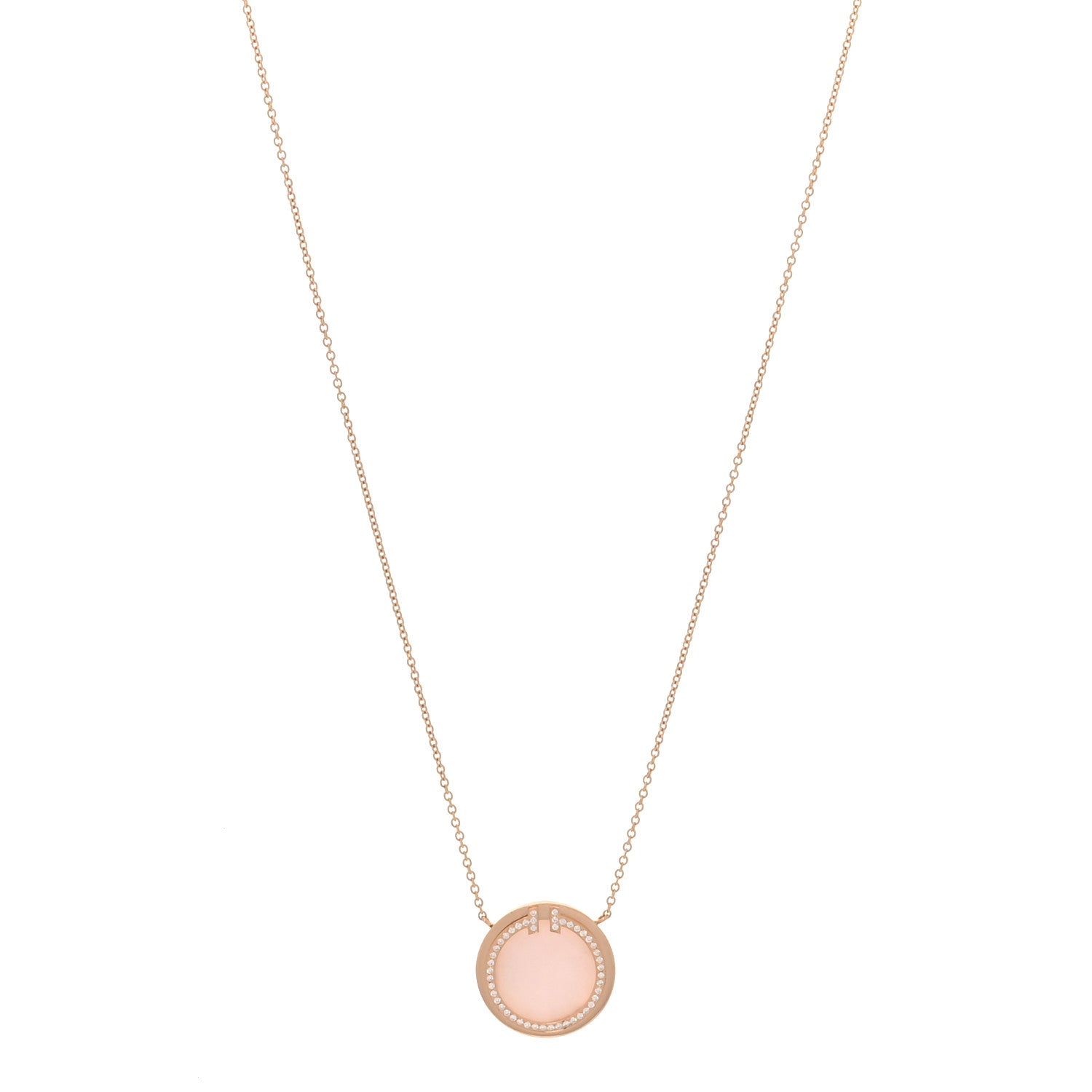 Tiffany 18K Rose Gold Diamond Pink Opal T Circle Pendant Necklace 2 of 14