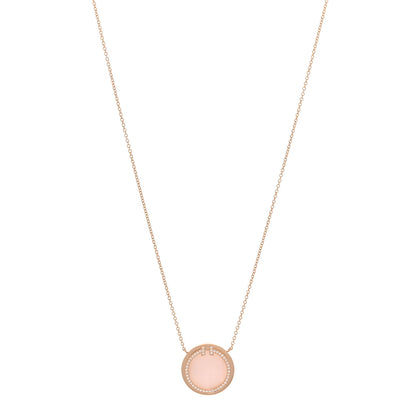 Tiffany 18K Rose Gold Diamond Pink Opal T Circle Pendant Necklace 2 of 14