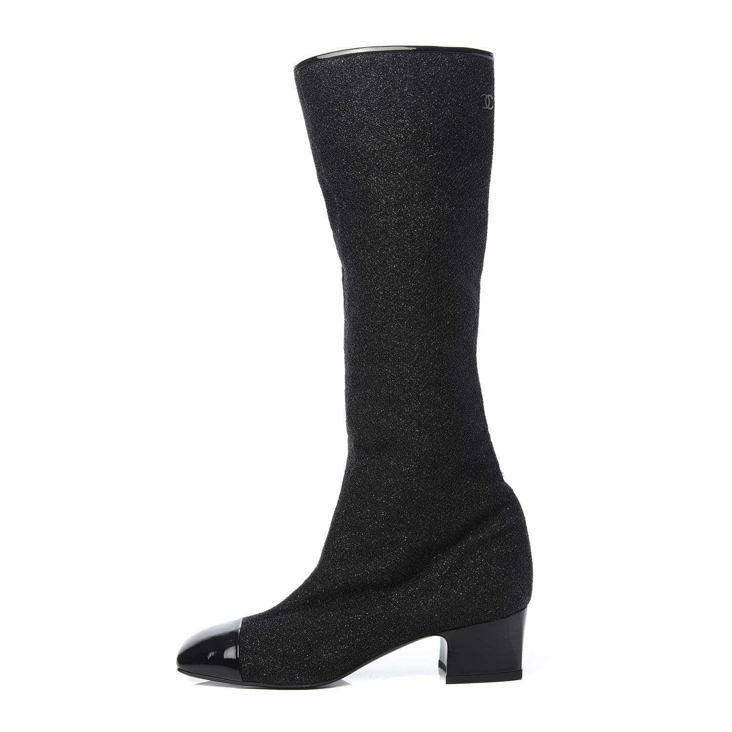 Chanel Glitter Patent Cap Toe High Boots 37 Black 1 of 7