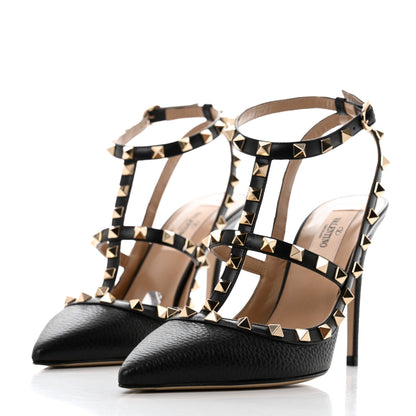 Valentino Garavani Pebbled Calfskin Rockstud Ankle Strap 100mm Pumps 38 Black 3 of 9