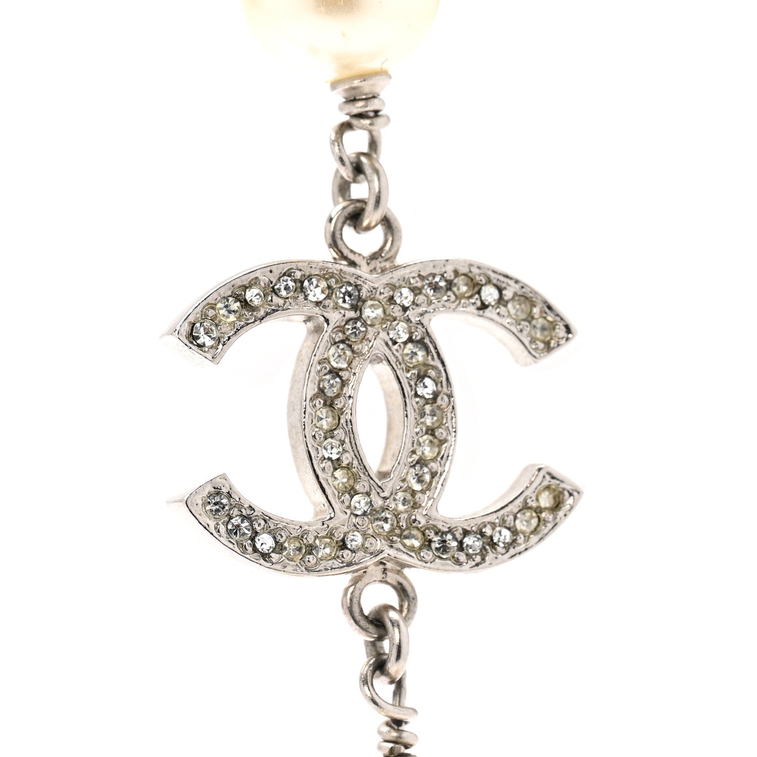 Chanel Crystal Pearl CC Long Necklace Silver 6 of 8