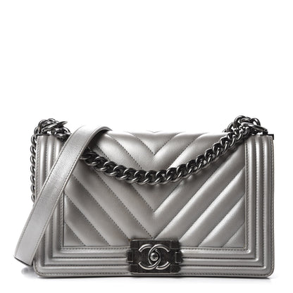 Chanel Metallic Caviar Chevron Quilted Medium Boy Flap Silver 1 of 14