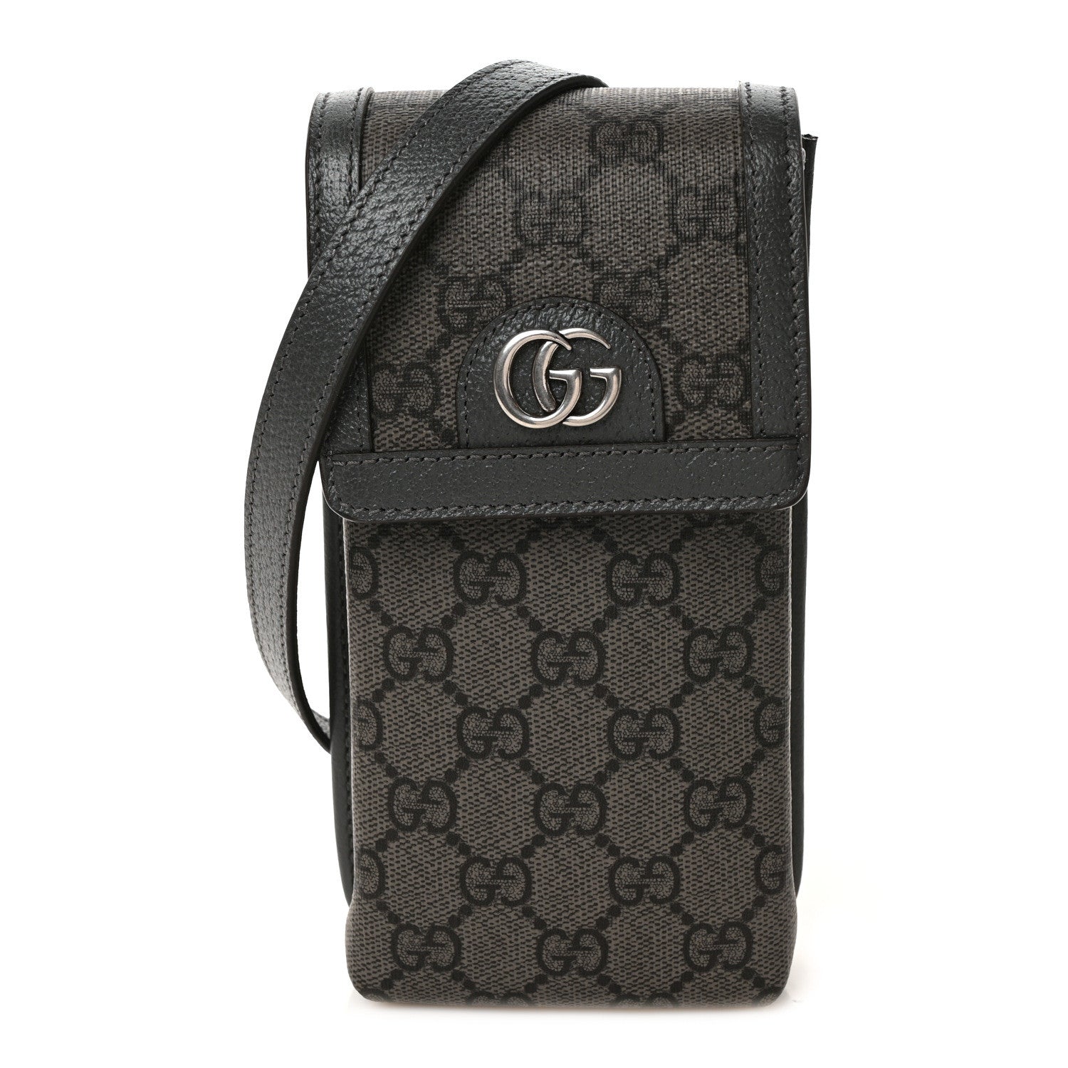 Gucci GG Supreme Monogram Textured Dollar Calfskin Phone Crossbody Bag Grey Black Graphite Grey 1 of 9