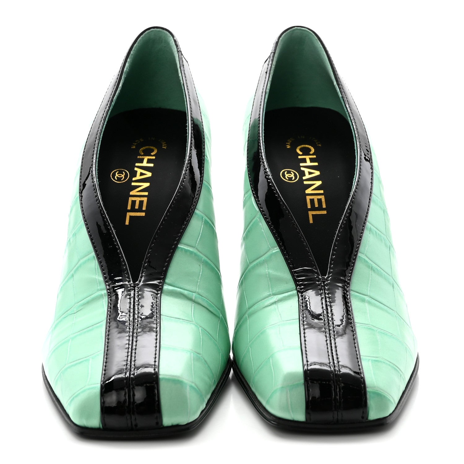 Chanel Crocodile Embossed Patent Calfskin Pumps 37.5 Green Black 3 of 10