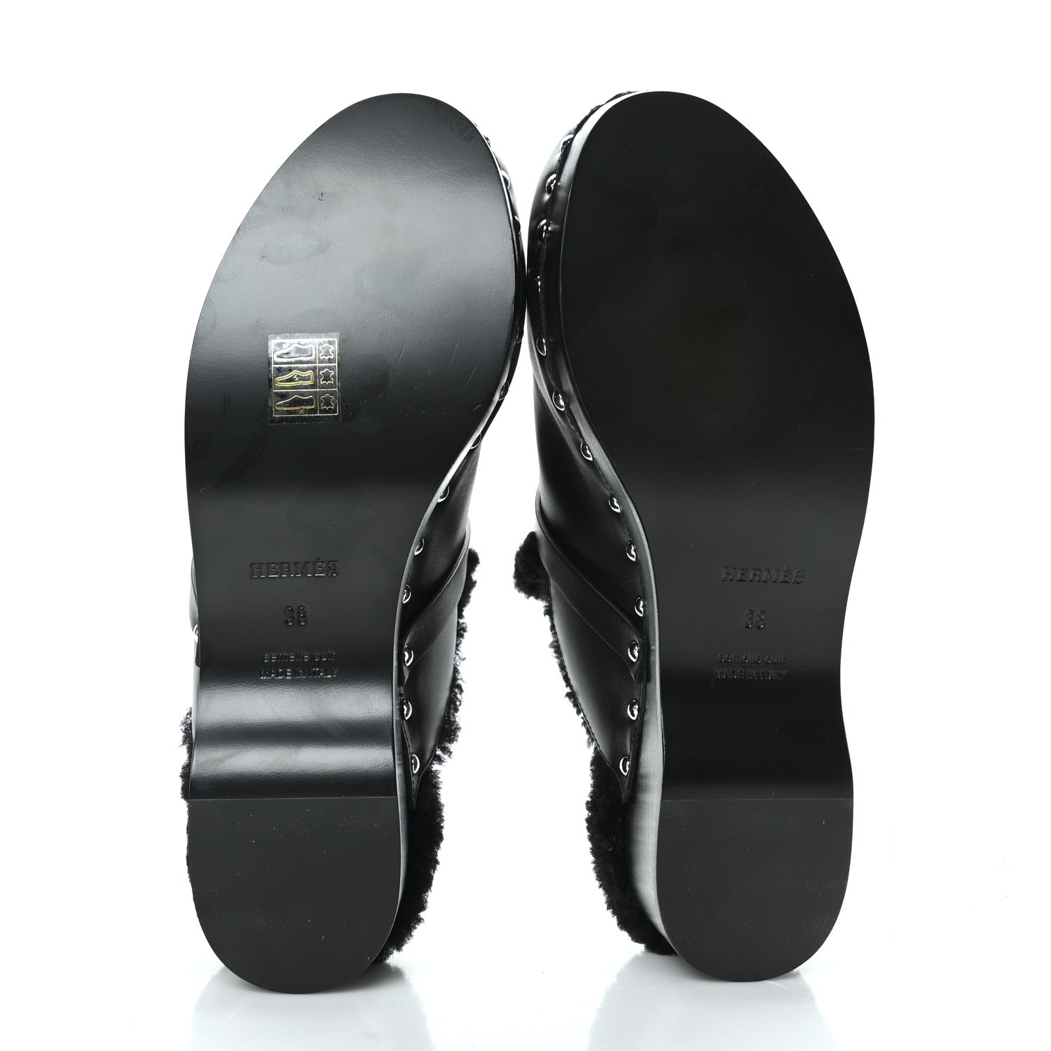 Hermes Calfskin Woolskin Carlotta Mules 38 Black 5 of 7