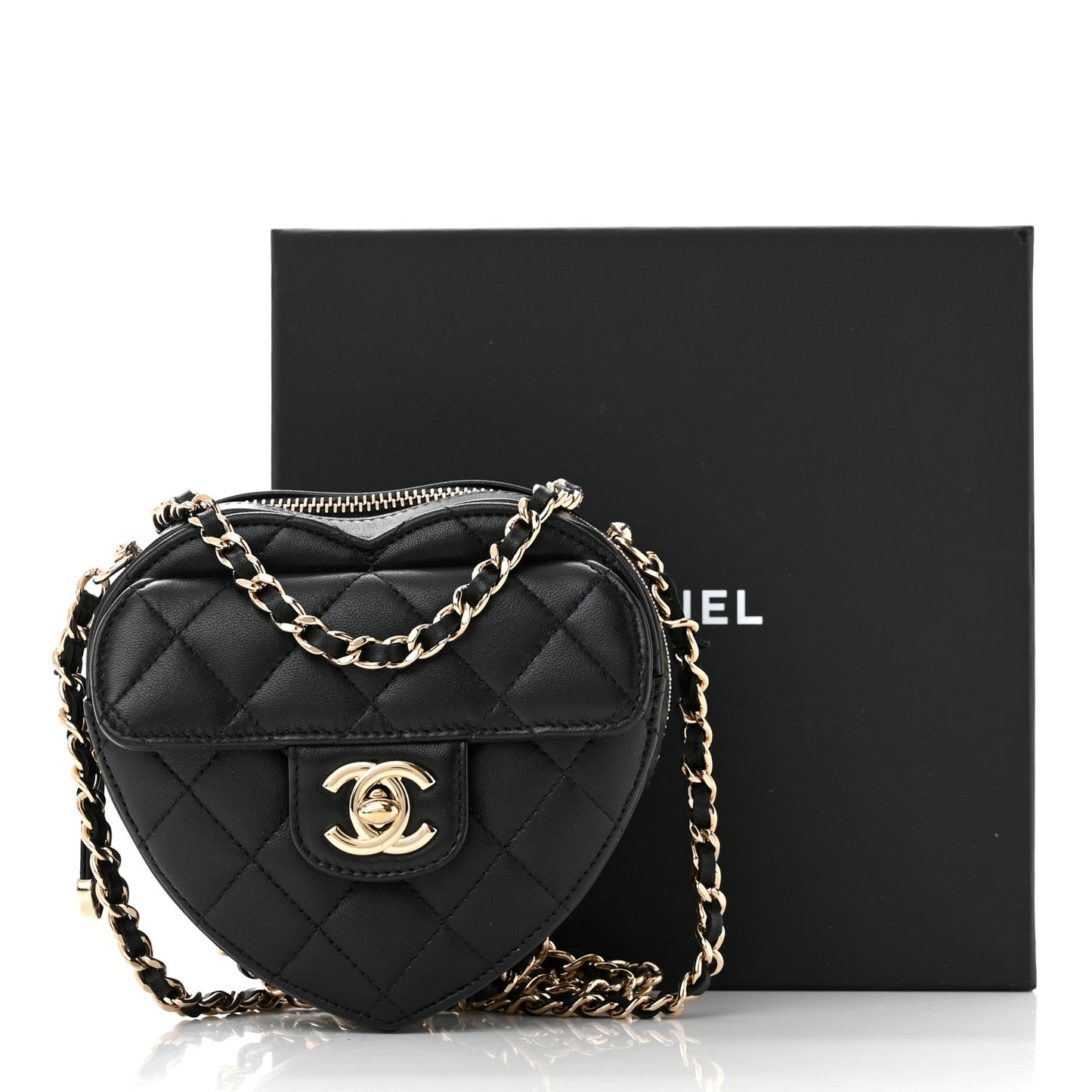 Lambskin Quilted CC In Love Heart Clutch With Chain Black