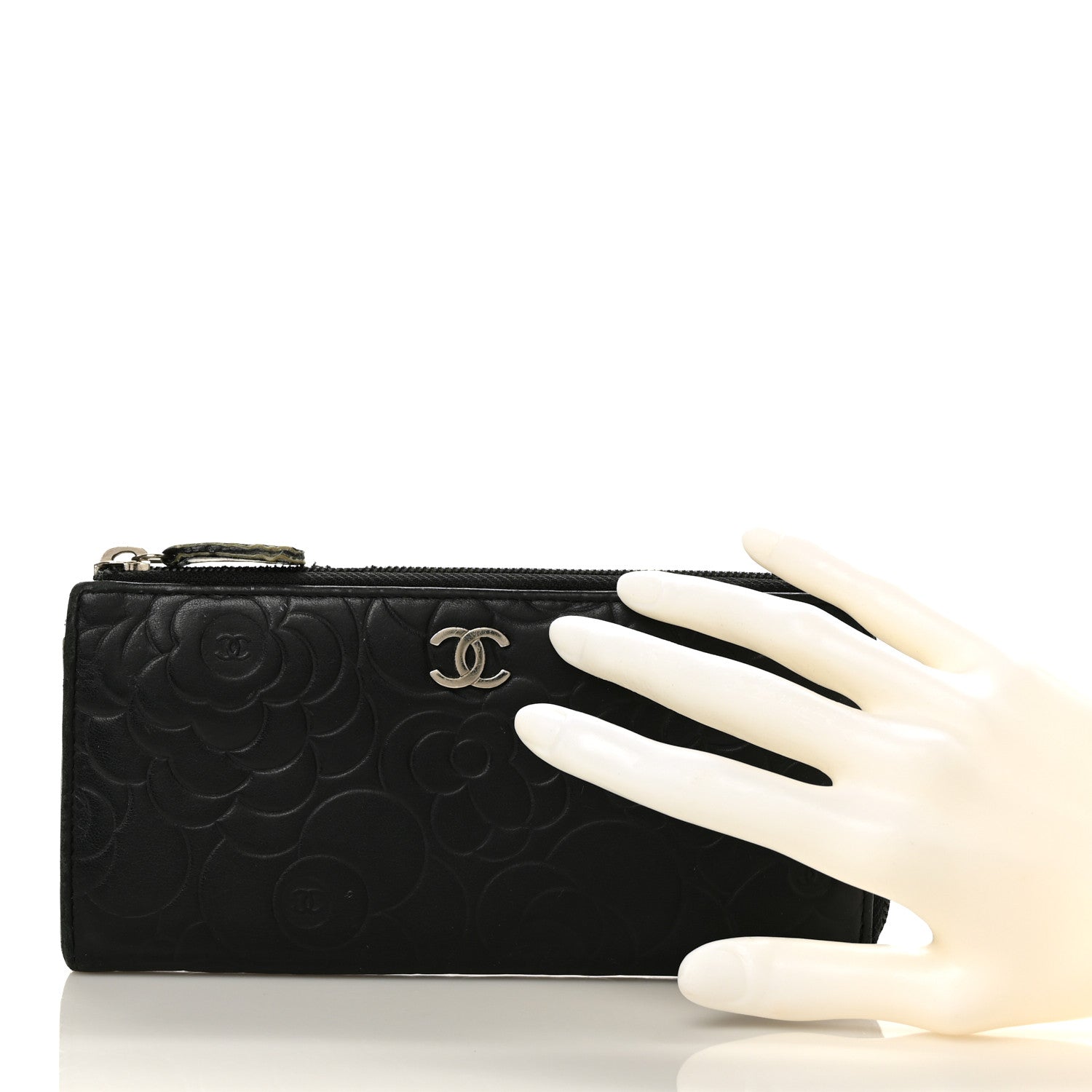 Chanel Lambskin Camellia Embossed Zipped Gusset Wallet Black 2 of 12