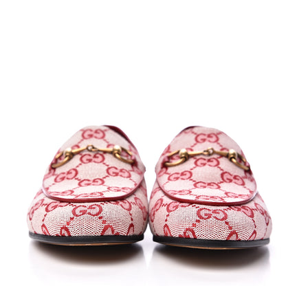 Gucci Canvas GG Monogram Horsebit Womens Jordaan Loafers 37 Gardenia Hibiscus Red 2 of 9