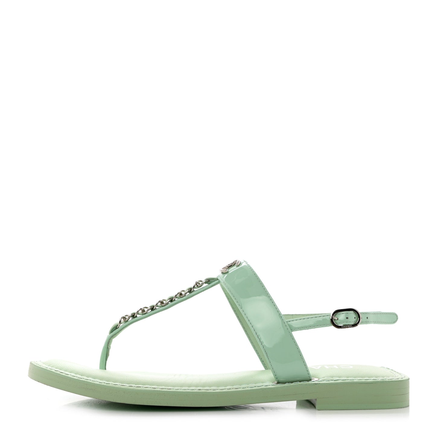 Lambskin Patent Chain CC Logo Thong Flat Sandals 37.5 Green