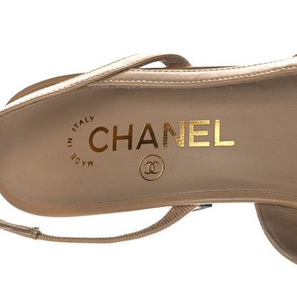Chanel Goatskin Grosgrain Cap Toe CC Slingback Pumps 39 Beige Black 7 of 9