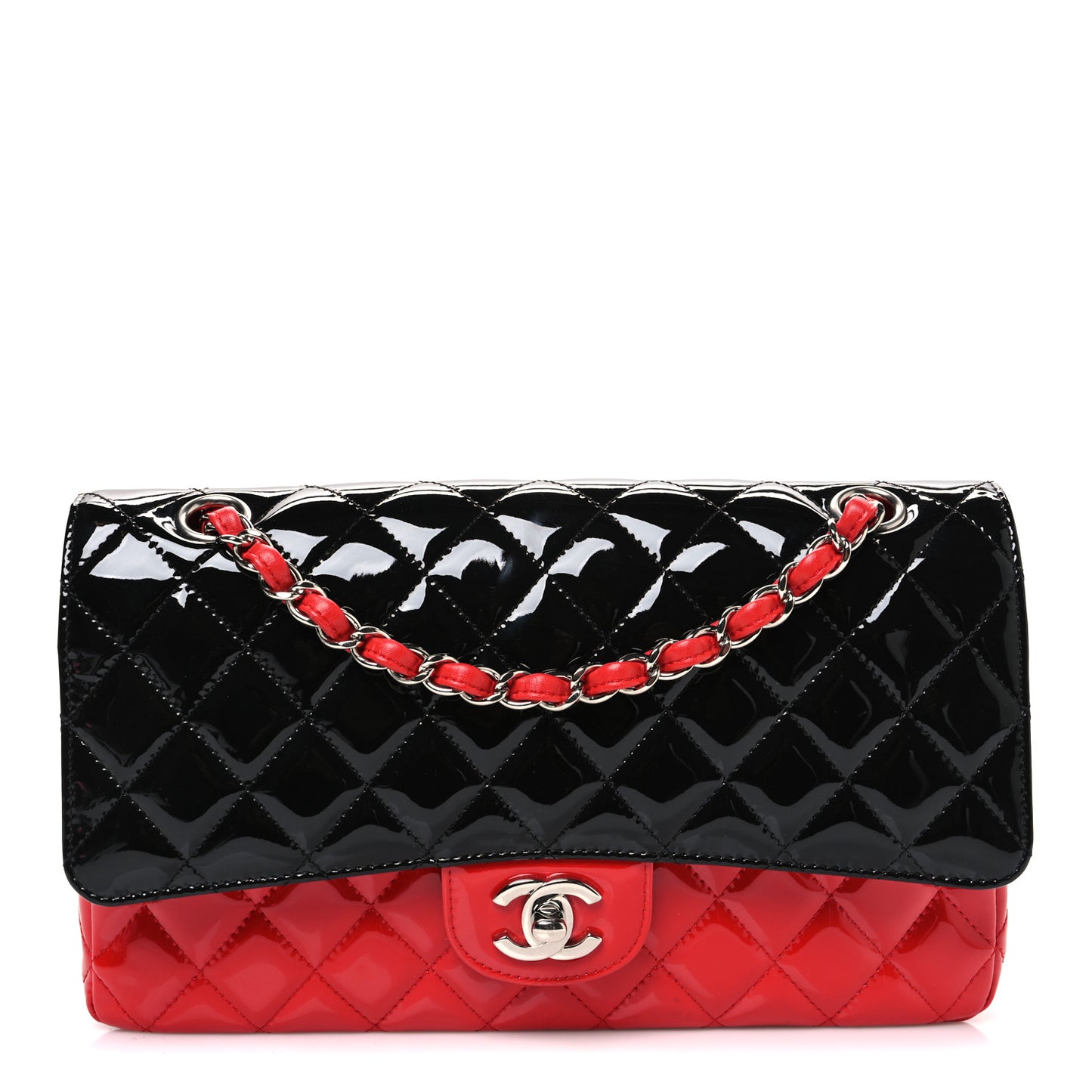 Patent Calfskin Quilted Bi-Color Medium Double Flap Black Red