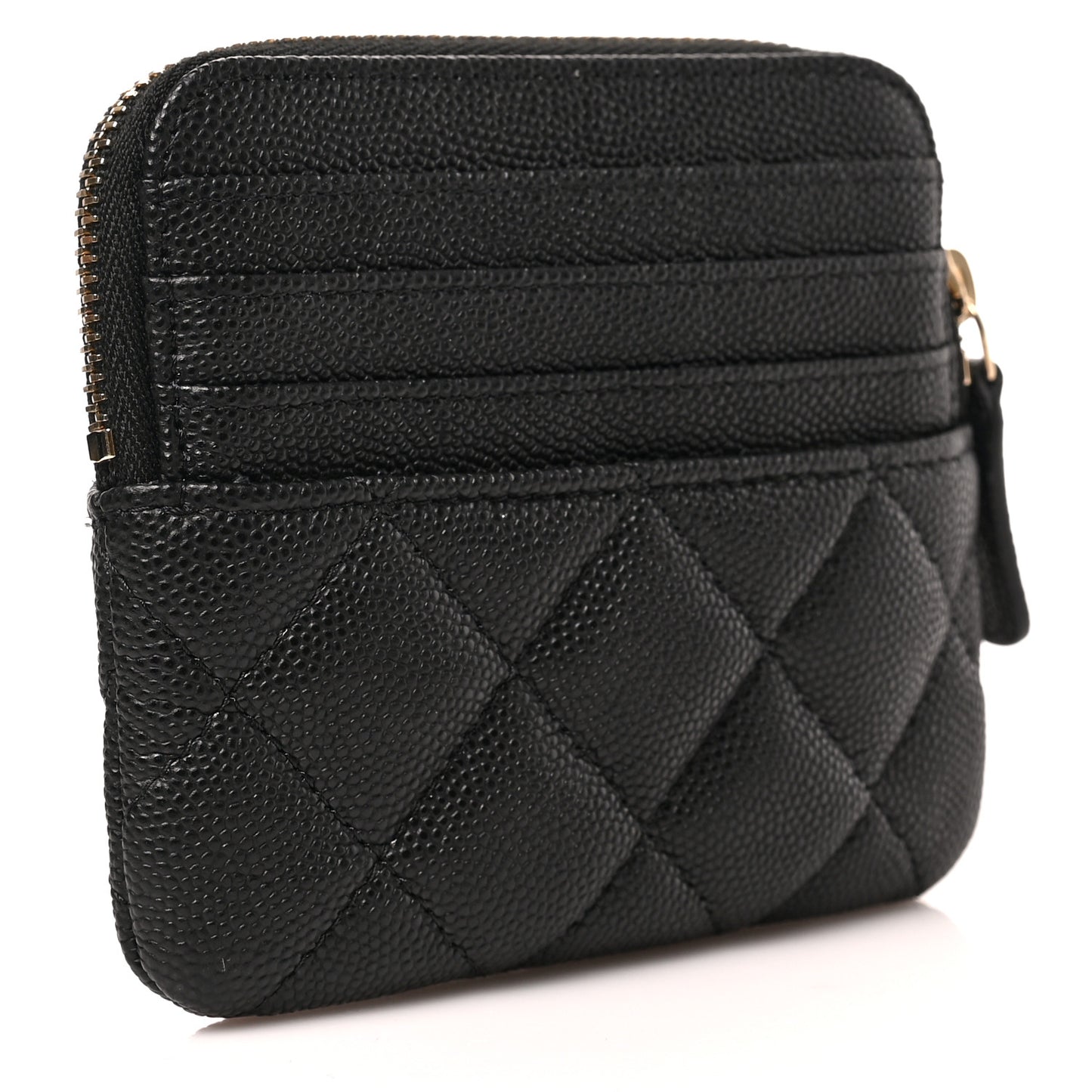 Caviar Metal Quilted Striated Zip Card Holder Wallet Black