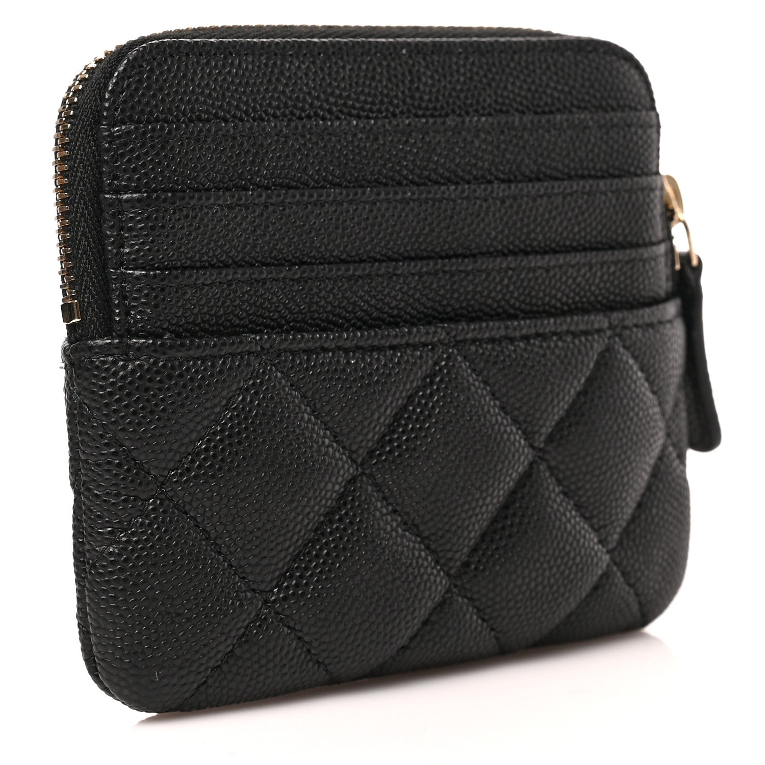 Chanel Caviar Metal Quilted Striated Zip Card Holder Wallet Black 3 of 6
