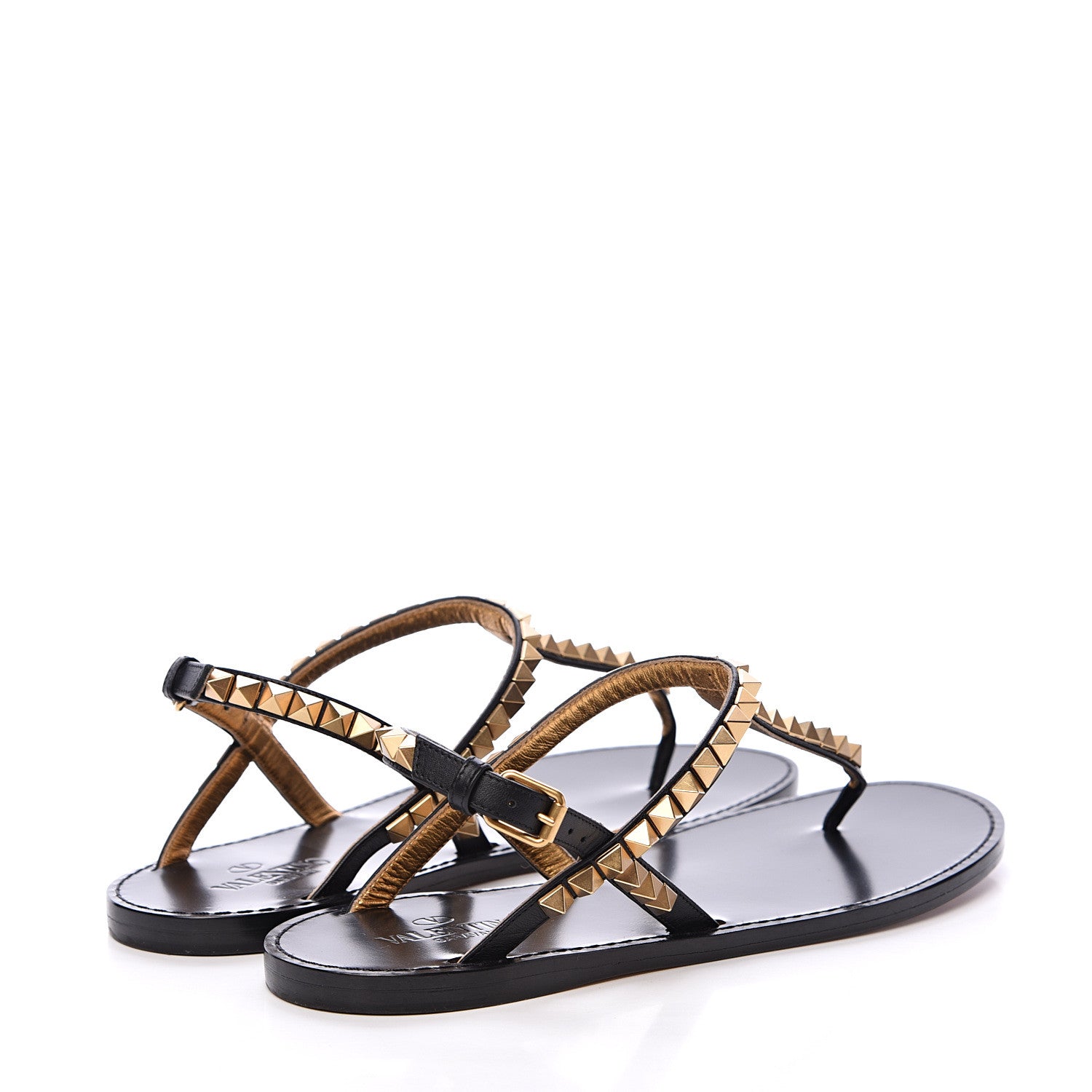 Valentino Garavani Calfskin Rockstud No Limit Slingback Flat Thong Sandals 36.5 Black Gold 4 of 7