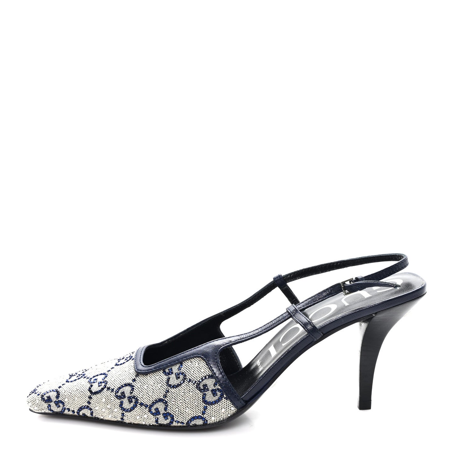 GG Monogram Malaga Kid Crystal Square G 75mm Slingback Pumps 38.5 Beige Blue
