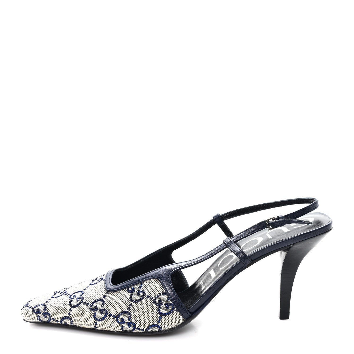 Gucci GG Monogram Malaga Kid Crystal Square G 75mm Slingback Pumps 38.5 Beige Blue 1 of 9