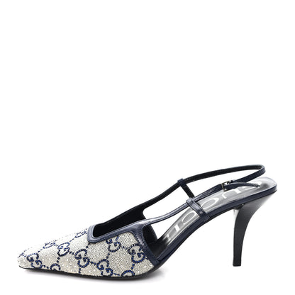Gucci GG Monogram Malaga Kid Crystal Square G 75mm Slingback Pumps 38.5 Beige Blue 1 of 9