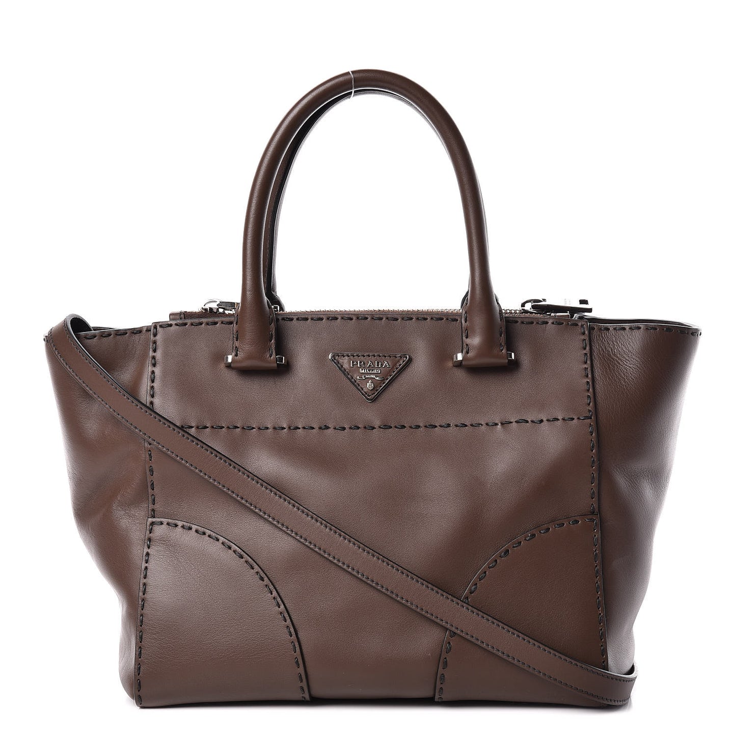 City Calf Small Stitched Twin Pocket Tote Cacao