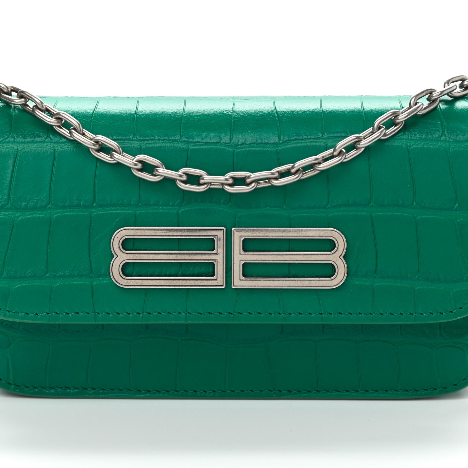 Balenciaga Extra Supple Calfskin Crocodile Embossed Gossip Wallet On Chain Jade 7 of 9
