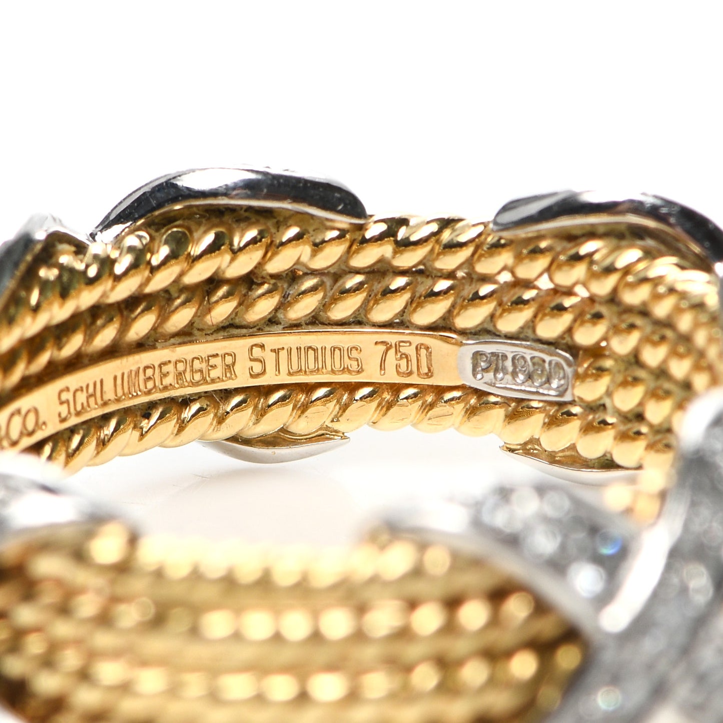 18K Yellow Gold Platinum Diamond Schlumberger Rope Four Row X Ring 62 10