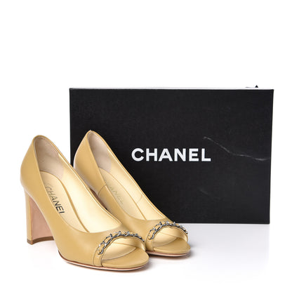 Chanel Calfskin Peep Toe CC Pumps 38 Beige 10 of 10