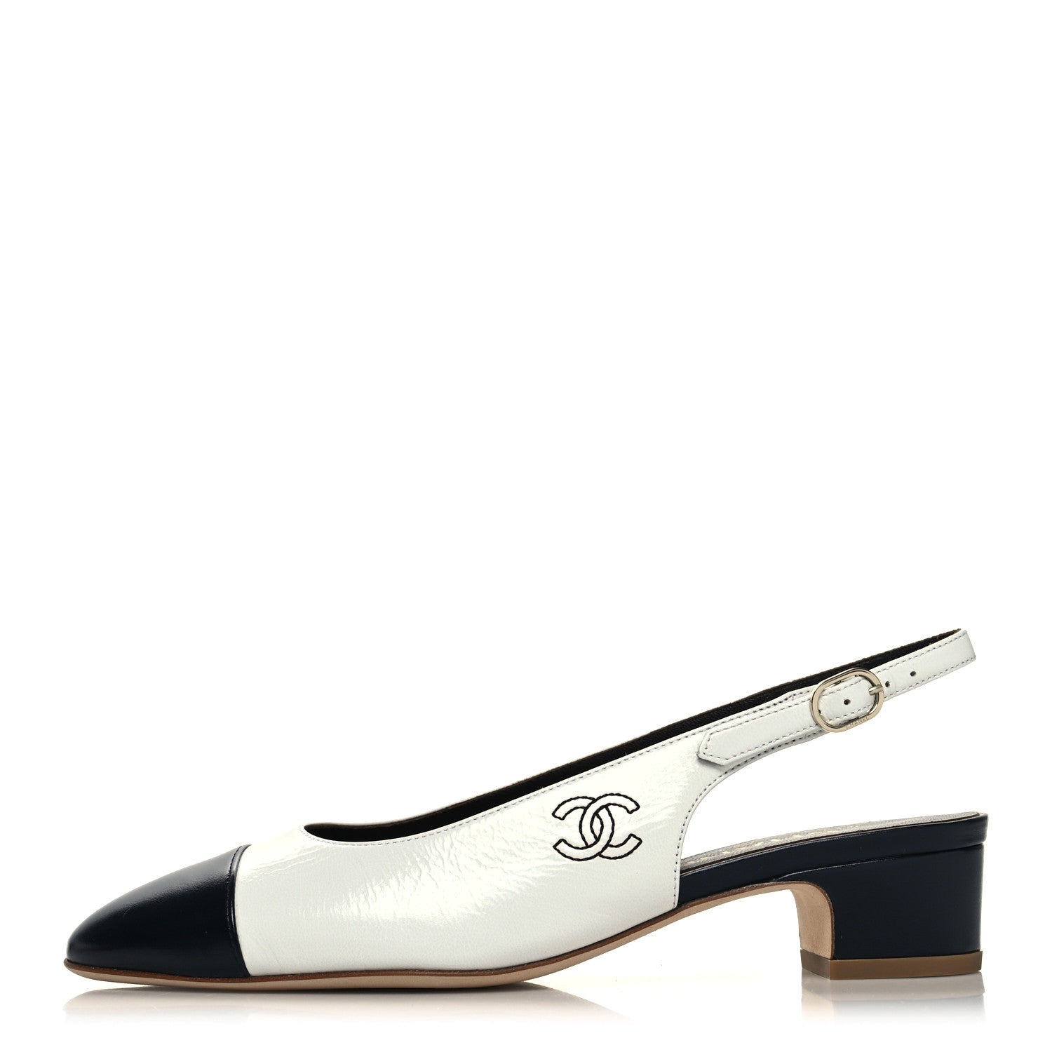 Chanel Calfskin Cap Toe CC Slingback Pumps 37.5 White Dark Navy 1 of 9