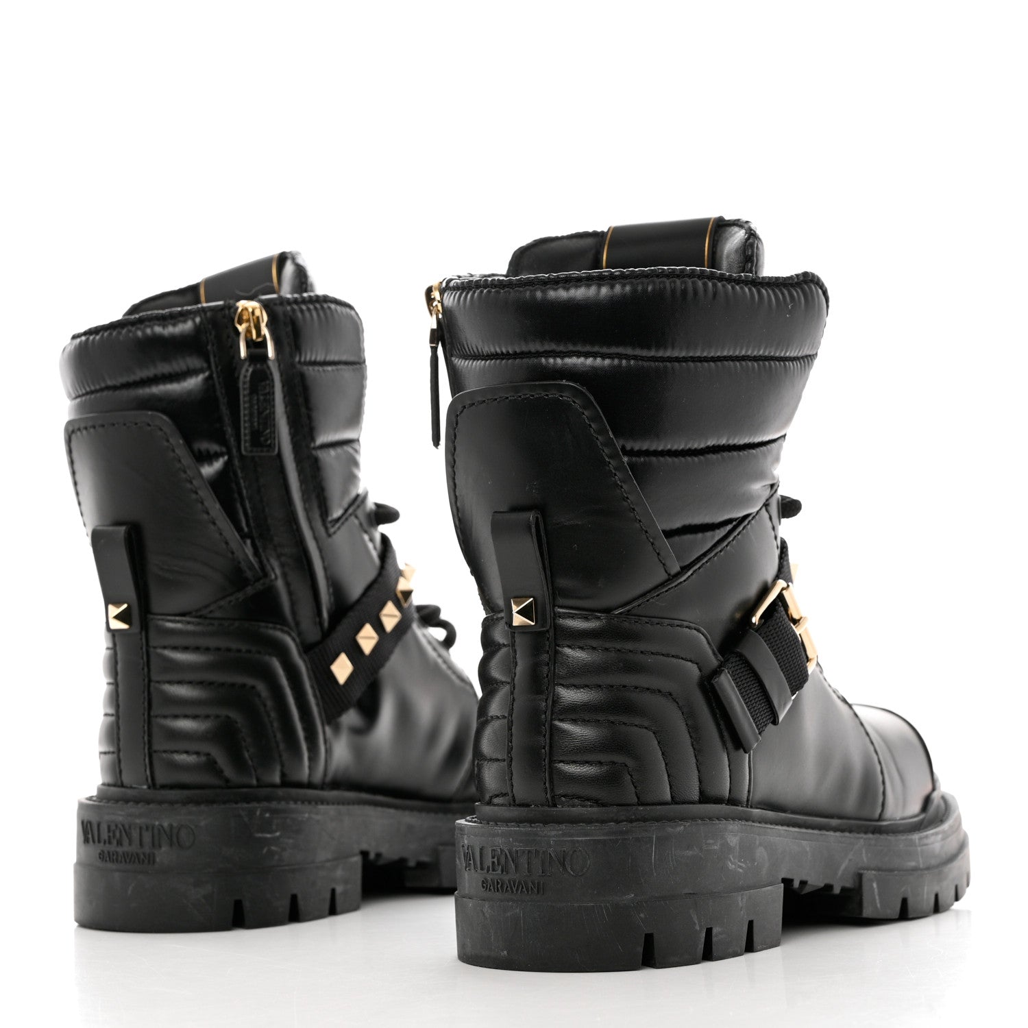 Valentino Garavani Calfskin Nylon Quilted Waterproof Rockstud Combat Boots 35.5 Black 4 of 10
